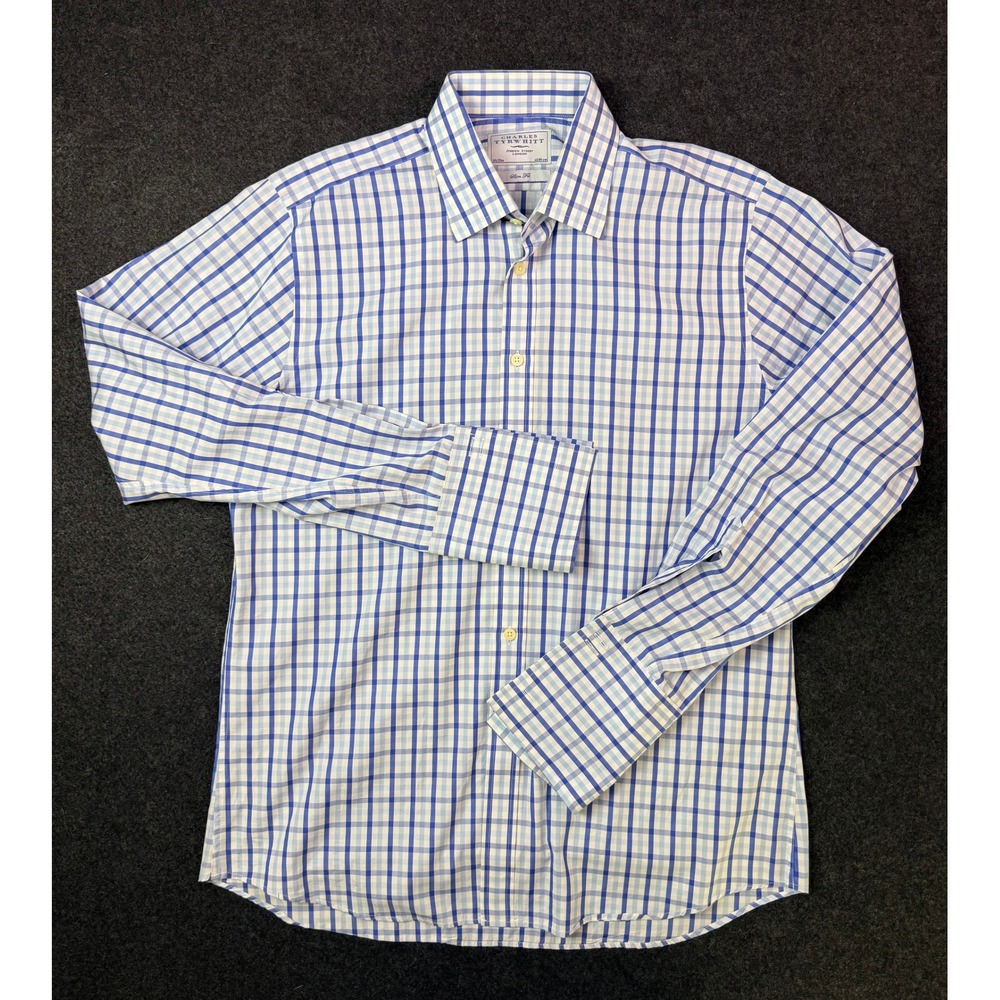 Charles Tyrwhitt Slim Fit Dress Shirt Blue White Check French Cuff 16.5 x 35.5